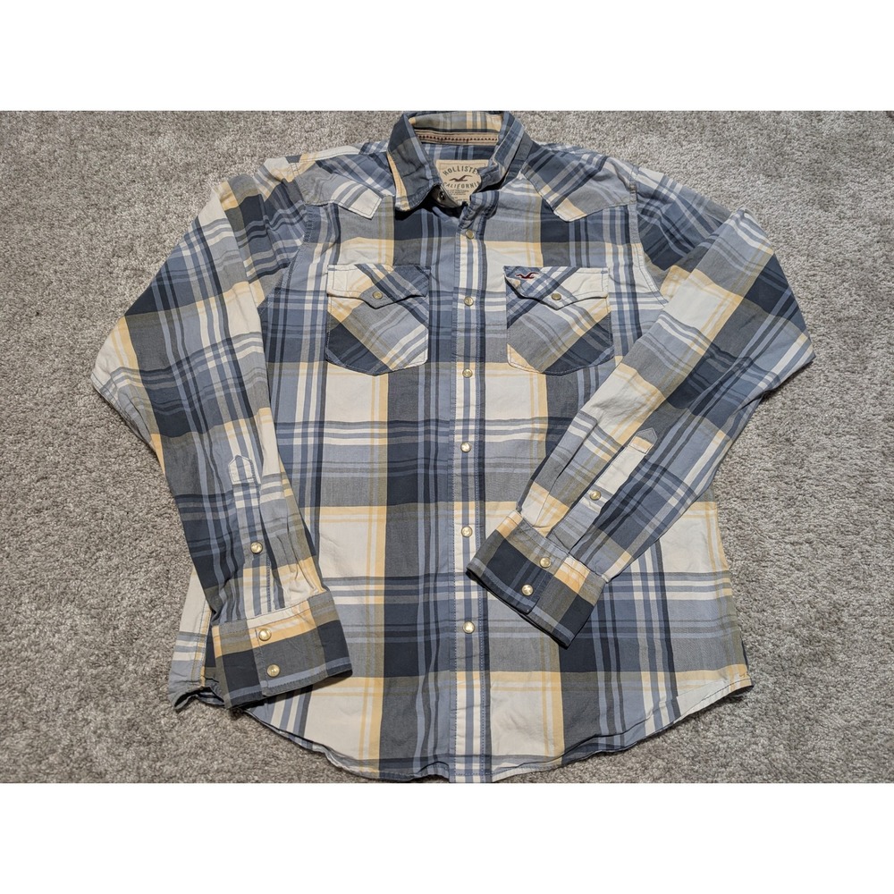 Hollister Mens Plaid Long Sleeve Snap Button Western Shirt XL Blue Yellow